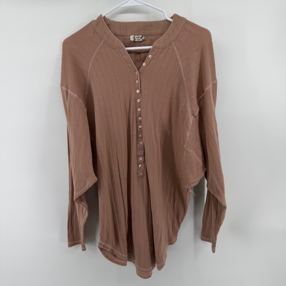 Intimately Free People One of the Girls Henley Brown Ribbed Top OB1801357 M